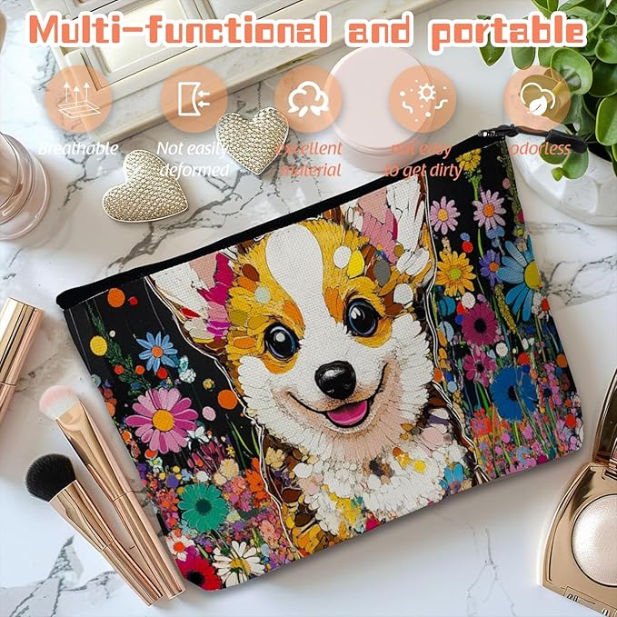 Cosmetic Bags Travel Makeup Toilet Case Waterproof Pouch for Women Girls 6.7X9.45inches - Cute Corgi Surrounded By Brightly Colored Flowers