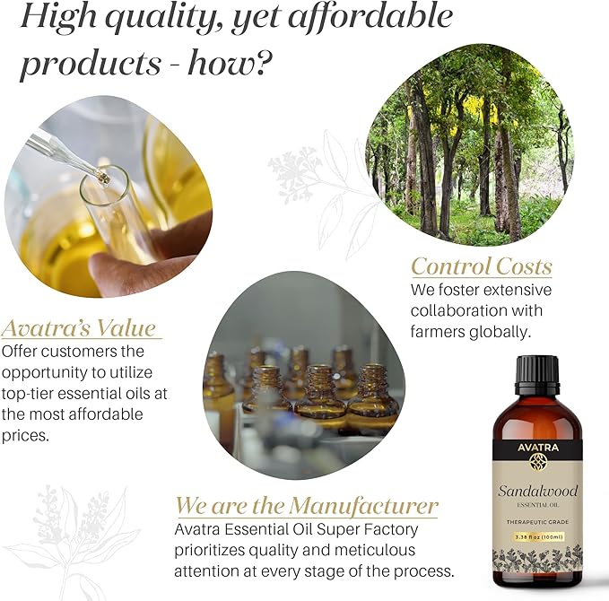 Avatra Sandalwood Essential Oil 100ML (3.38 OZ) with Glass Dropper and Travel Bottle, Pure and Natural Therapeutic Grade Sandalwood Oil for Diffuser, Aromatherapy, Massage, and DIY Candle Products