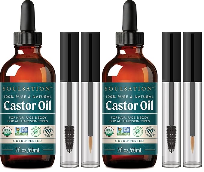 Organic Castor Oil for Eyelashes, Hair & Skin (2oz with Eyelash Kit) | 100% Pure, Natural Cold Pressed (Pack of 2)