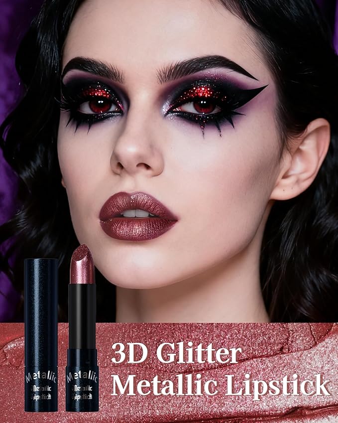 Glitter Metallic Shimmer Lipstick, Burgundy Lipstick Long Lasting, Diamond High Pigmented Shiny Metallic Lip Stick, Non-sticky Sparkly Berry Lipsticks for Women Christmas Makeup-13 Burgundy Berry