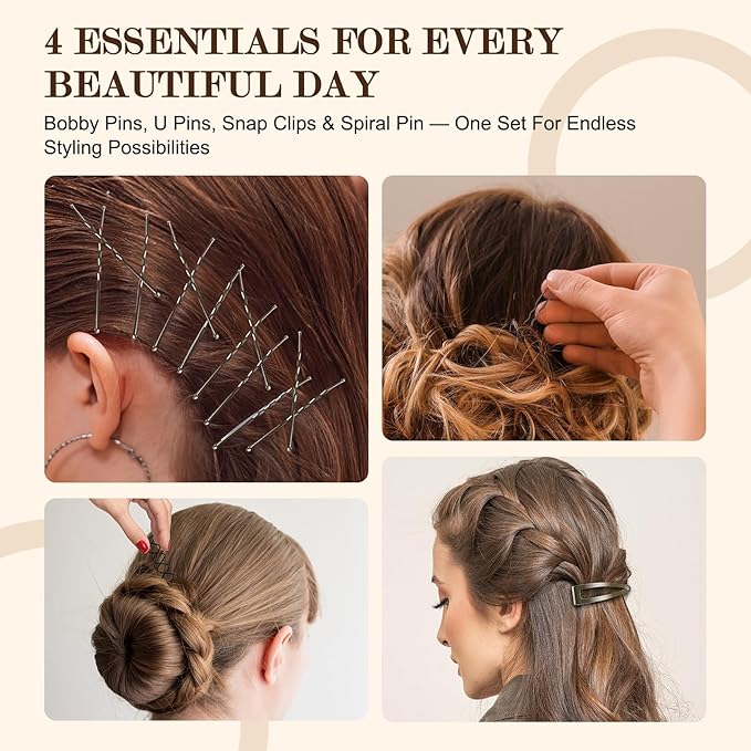 Bobby Pins Set Gray – Bobby Pins, Snap Clips & U Shape Pin, Complete Hair Kit for Women & Girls, for Buns, Updos, Parties & Weddings
