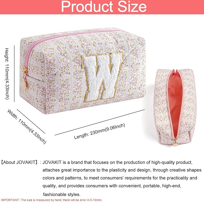 JOVAKIT Alphabet Makeup Bag Cosmetic Bag for Women, Christmas Gifts for Girls Age 6-18, Floral Flowers Coquette Travel Toiletry Zipper Make Up Pouch Organizer Trendy Stuff (Pink Floral W)