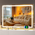 Hasipu Vanity Mirror with Lights, 28" x 20" LED Makeup Mirror, Lighted Makeup Mirror with Dimmable 3 Modes, Touch Screen Control Vanity Mirror Square Gold