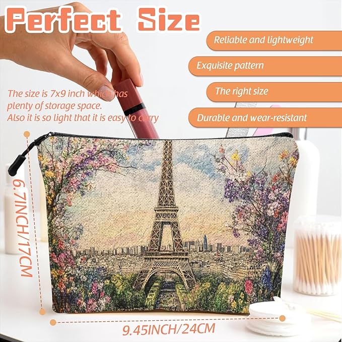 Cosmetic Bags Travel Makeup Toilet Case Waterproof Pouch for Women Girls 6.7X9.45inches - The Eiffel Tower Surrounded By Spring Flowers