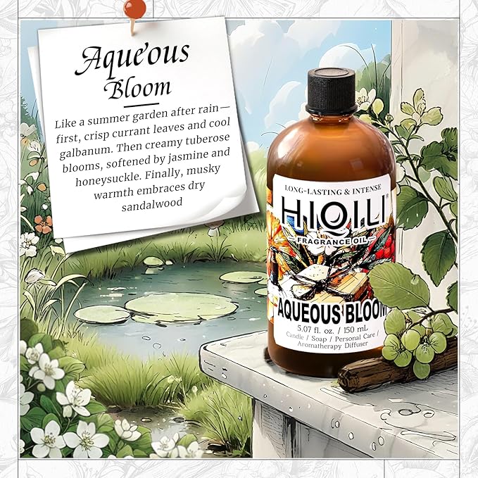 HIQILI Aqueous Bloom Fragrance Oil for Diffusers, Candles & Soap Making – Floral and Green Notes with Sandalwood, Long-Lasting Scent - 5.07 Fl Oz