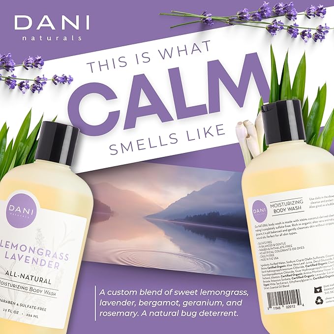 DANI Naturals Moisturizing Body Wash - Calming Lemongrass Lavender Scent with Organic Aloe Vera & Natural Glycerin - Paraben, Sulfate, & Phthalate-Free Shower Gel - 12 oz Bottle, Vegan & Cruelty-Free