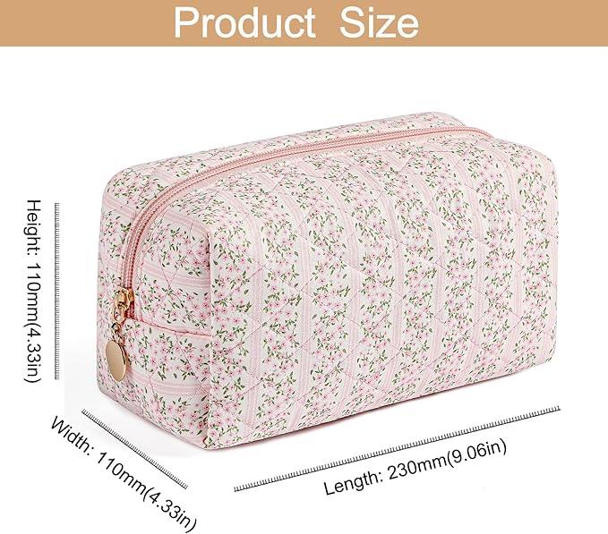 Makeup Bag Travel Cosmetic Bag for Women Girls, Zipper Make Up Pouch, Floral Flowers Toiletry Organizer Makeup, Portable Storage Cosmetic Travel Cloth Bag (Pink+Purple Floral)