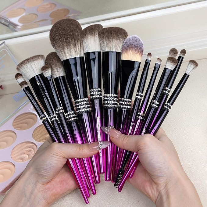 Bueart Design 16PCS Ultra Soft Makeup Brushes Sets with Holder,Professional Make up Brushes with Diamond(Purple-Black Gradient & Holder)