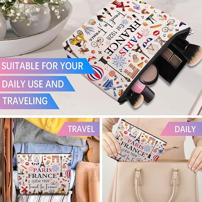 Paris Travel Gifts for Women Makeup Bag, Paris City Themed Souvenirs Cosmetic Bag, Zipper Pouch