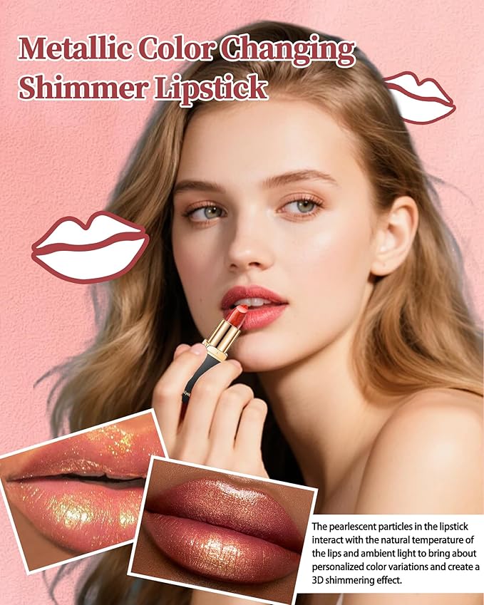 Metallic Gold Color Changing Shimmer Lipstick for Women,3D Shine High Impact Long Lasting Hydrating Transfer Proof Lipstick,Creamy Matte Non Sticky Plumping Lip Gloss,Full Coverage Lip Color Makeup 01