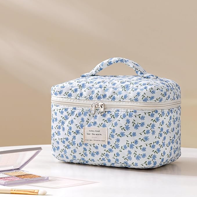 HBselect Quilted Makeup Bag, 3PCS Cotton Large Travel Makeup Bag, Cute Floral Coquette Make up Bag Cosmetic Bag Toiletry Bag for Women Girls