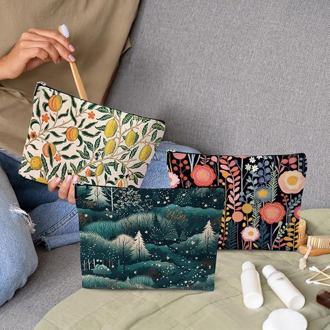 3Pcs Classic Forest Flower Fruit Makeup Bag Cosmetic Bags for Women, Abstract Botanical Travel Toiletry Bag, Thank You Anniversary Birthday Friendship Gifts for Women Girls Mom Friends Teacher