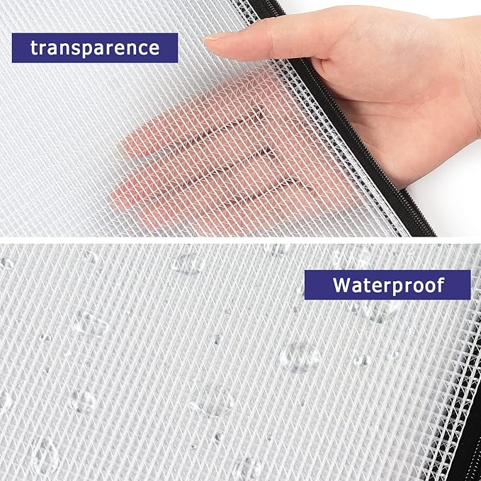 6 Pack Mesh Zipper Pouch Document Bag Waterproof Zip File Folders for School Office Supplies Travel Storage Bags (White)