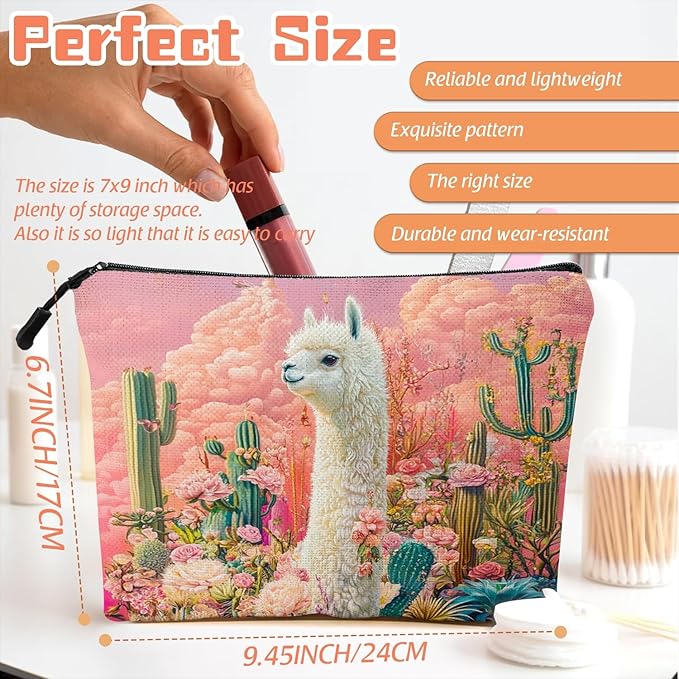 Cosmetic Bags Travel Makeup Toilet Case Waterproof Pouch for Women Girls 6.7X9.45inches - White Alpaca Stand BetweenFlowers And Cacti