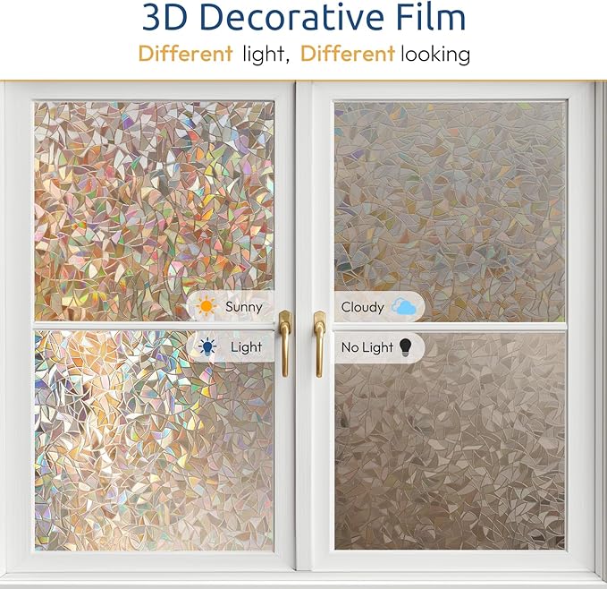 rabbitgoo Window Privacy Film Rainbow Film Decorative Window Sticker, 3D Static Stained Glass Cling Tint for Home Heat Control Non-Adhesive, Brown, 23.6 x 118.1 inches