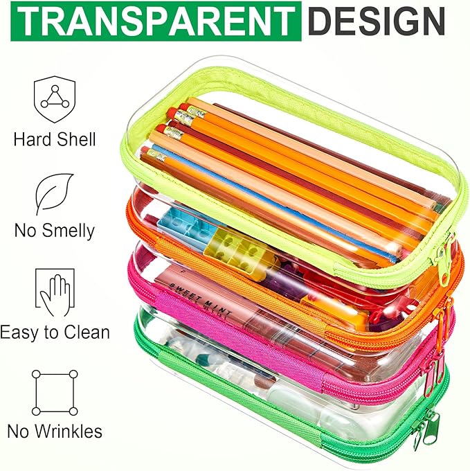 Hoolerry 4 Pcs Hard Clear Zipper Case Makeup Bags Plastic Pencil Pouch Transparent Storage Box Containers for Cosmetics, Snacks, Building Blocks, Puzzles(Fluorescent,7.5 x 3.9 x 2 in)