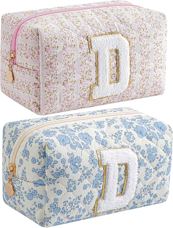 JOVAKIT Makeup Bag Cosmetic Bags for Women, Christmas Gifts for Girls Age 6-18, Alphabet Pink Floral Coquette Zipper Travel Makeup Pouch, Organizer Case Trendy Stuff (Pink+ Blue D)