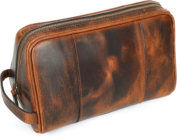 ELIZO Premium REAL Leather Toiletry Bag for Men Dopp Kitt Hanging Mens Toiletry Large TSA Toiletries Bag Shaving Grooming Bag Organizer