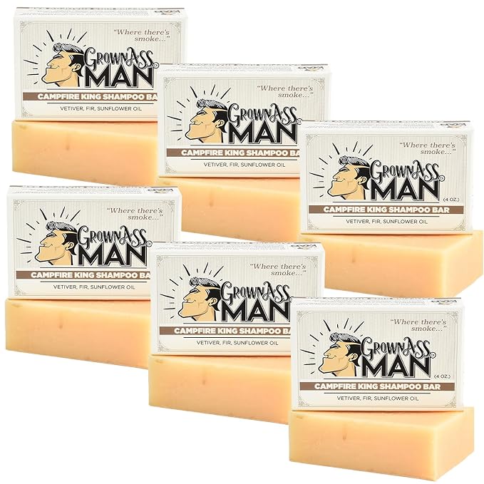 Grown Ass Man Co. - Solid Shampoo Bar Rich Lather 3 in 1: Hair, Beard & Body Wash - Plastic Free & Eco-Friendly, Natural & Organic Clean for All Hair Types, 4oz Bar (Campfire King, 6-Pack)