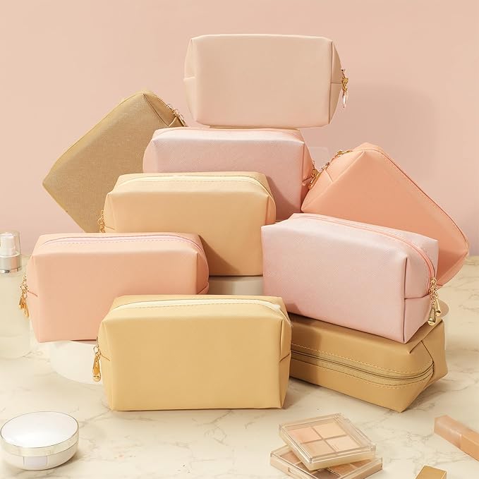 Sanwuta 9 Pcs Makeup Bags Bulk PU Double Zippers Cosmetic Bag Makeup Toiletry Christmas Small Pouch Portable Travel Organizers Case for Women Bridesmaid Party End of The Year(Pink Brown Series)