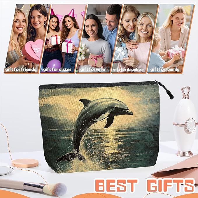 Cosmetic Bags Travel Makeup Toilet Case Waterproof Pouch for Women Girls 6.7X9.45inches - Dolphin Leaping in A Vintage - Styled Sea - Sky Scene