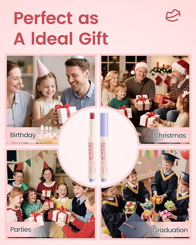 RUNBEN Kids Tinted Lip Balm, Strawberry-Scented Lipstick, 24H Moisturizing, Safe & Non-toxic Lip Gloss for Kids & Teen, Christmas Makeup Gift for Girls, 2g