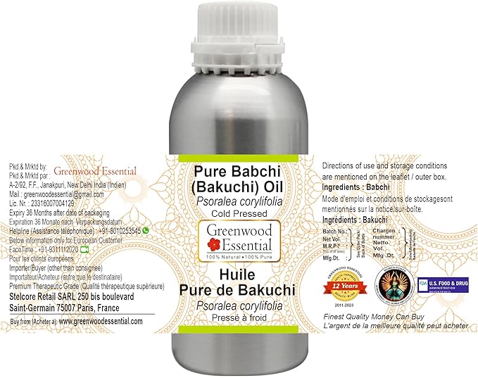 Greenwood Essential Pure Babchi (Bakuchi) Oil (Psoralea corylifolia) Cold Pressed 300ml (10 oz)