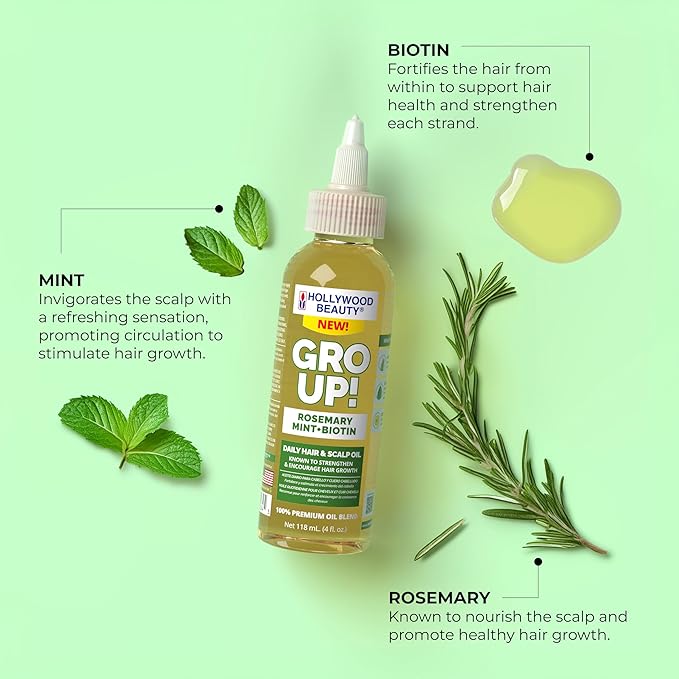 Hollywood Beauty Gro Up! Daily Hair & Scalp Oil with Rosemary, Mint, and Biotin, 4 fl oz