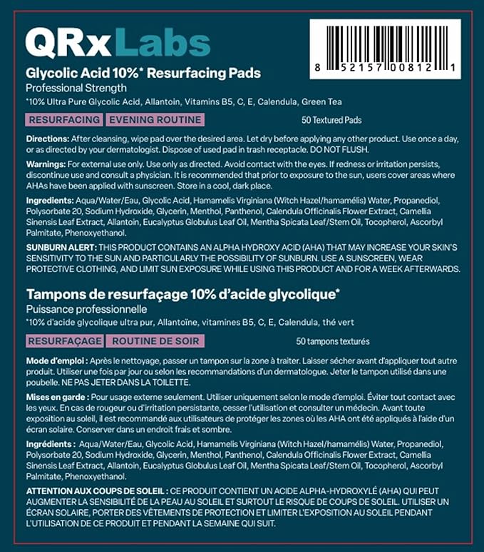 QRxLabs Glycolic Acid Pads - 50-Count Jar, 10% Glycolic Acid - AHA Resurfacing Peel & Exfoliating Face Pads - Alcohol-Free Rinse-Free With Vitamins B5, C & E & Green Tea Extract