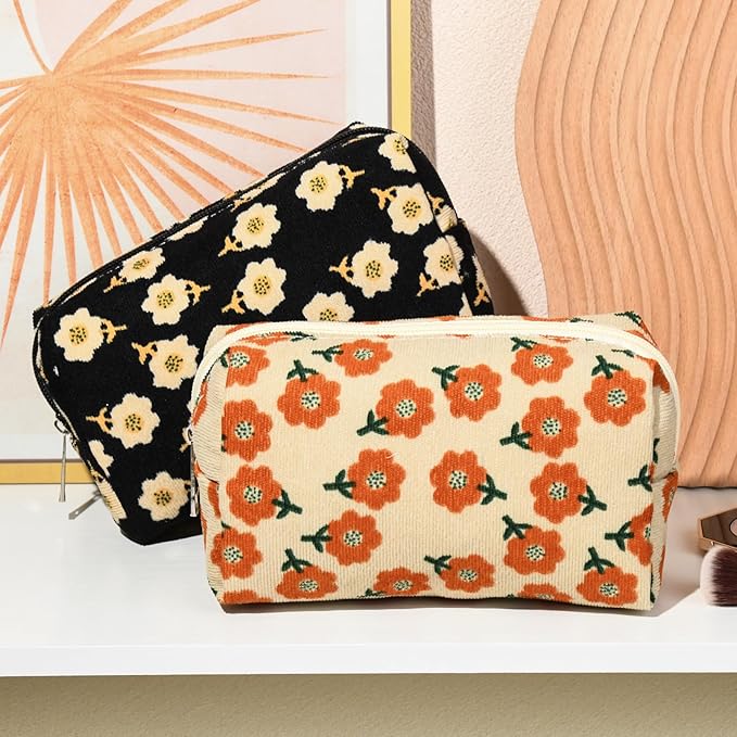 SOIDRAM 2 Pieces Makeup Bag Floral Cosmetic Bag Purple Blue Makeup Pouch Travel Toiletry Bag Organizer Cute Makeup Brushes Storage Bag for Women