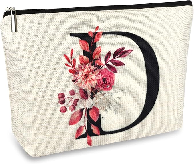 Initial A-Z Personalized Floral Makeup Bag, Monogrammed Birthday Gifts for Women Mom, Mothers Day Christmas Gift Ideas for Best Friend, Bride Bridesmaid, Her, Grandma, Small Travel Cosmetic Bag (D)