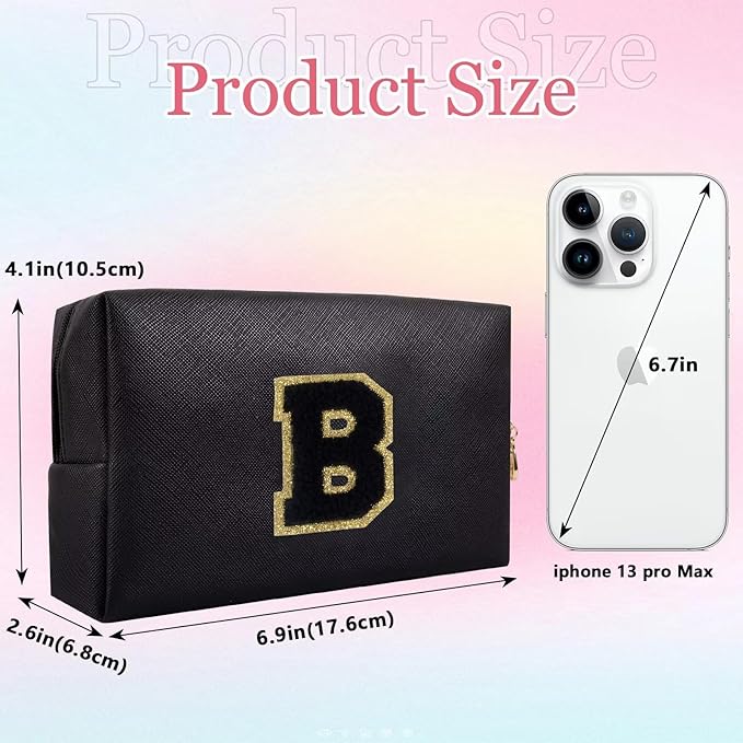 Small Personalized Letter Makeup Bag, Cute PU Leather Chenille Letters Cosmetic Bag Travel Makeup Pouch, Preppy Travel Organizer Zipper Pouch for Women&Girls（Black-B）