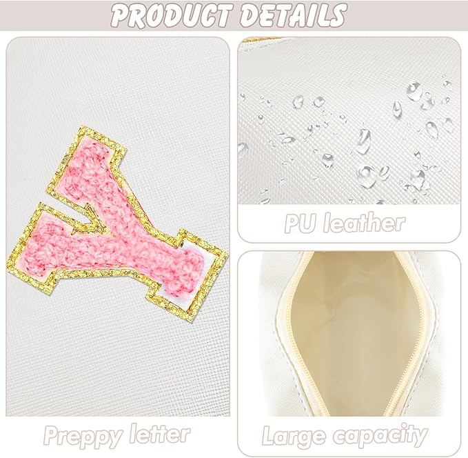 Initial Makeup Bag Personalized Preppy Travel Small Cosmetic Bag Cute PU White Chenille Letter Makeup Pouch for Purse Waterproof Zippered Toiletry Organizer for Women Girls Kids Friends (Y)