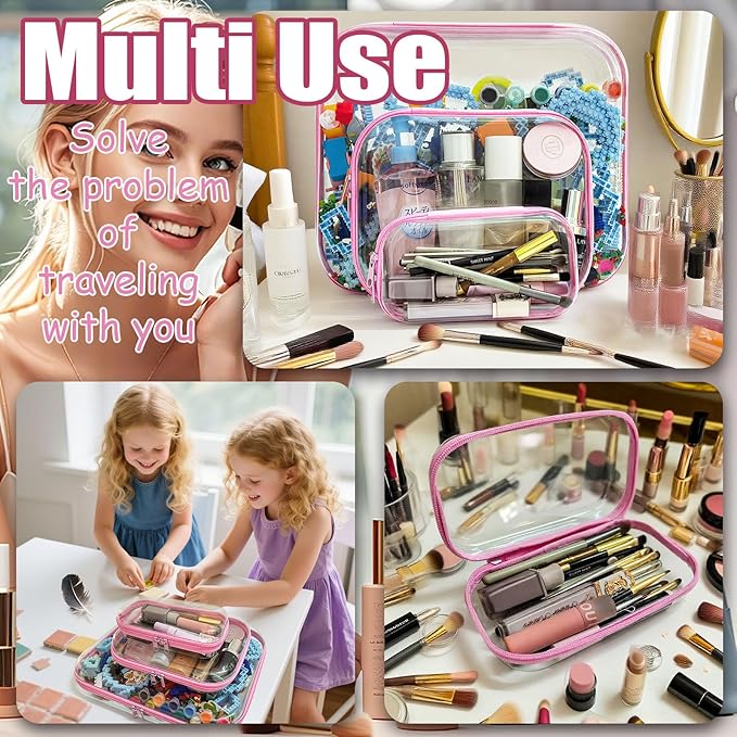 3 Pcs Clear Hard Zipper Case, Hard Shell Plastic Clear Organizer Bag, Transparent Makeup Pouches, Portable Box for Travel Toiletries Storage Bins (Pink, Multi)