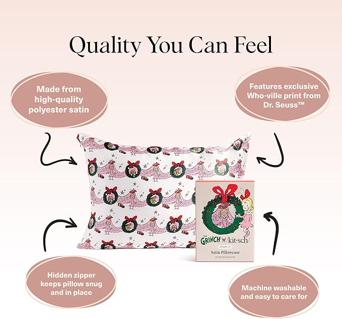 The Grinch x Kitsch Satin Pillowcase with Zipper for Hair & Skin - Softer Than Silk Pillow Cases, Smooth Cooling Pillow Cover, Wrinkle-Free, Machine Washable, Queen/Standard (19x26)- Cindy Lou