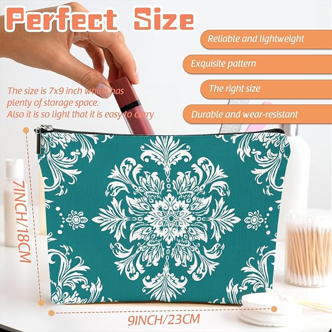 Makeup Bag Travel Cosmetic Bags Small Makeup Case Waterproof Zipper Pouch for Women Girls 7X9inches - White Floral Ornamentation in A Circular Layout