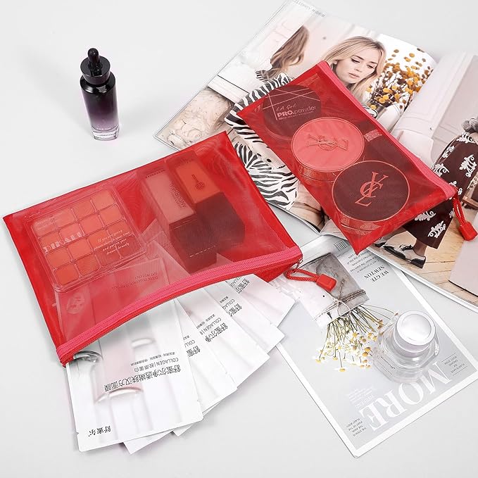 12 Pieces Zipper Nylon Mesh Pouch, Mesh Cosmetic Bags Makeup Bags Pencil Case, Multipurpose Travel Bags for Cosmetic School Office Supplies and Travel Accessories (Red, A5)