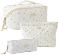 HBselect Quilted Makeup Bag, 3PCS Cotton Large Travel Makeup Bag, Cute Floral Coquette Make up Bag Cosmetic Bag Toiletry Bag for Women Girls