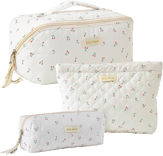 HBselect Quilted Makeup Bag, 3PCS Cotton Large Travel Makeup Bag, Cute Floral Coquette Make up Bag Cosmetic Bag Toiletry Bag for Women Girls