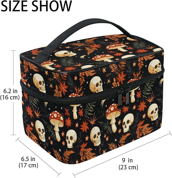 MNSRUU Makeup Bags, Mushrooms Skull Makeup Organizer Bags Toiletry Bag Box Travel Cosmetic Bag Make Up Train Case for Women Teen Girl Ladies