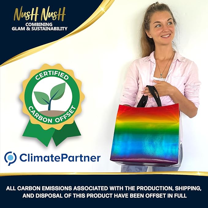 Nush Nush Large Rainbow Gift Bags– Set of 12 Colorful Holographic Reusable Gift Bags with Handles - Ideal Rainbow Goodie Bag for Birthday Party, Kids Party, Sleepover, Pride Events - 13x5x11