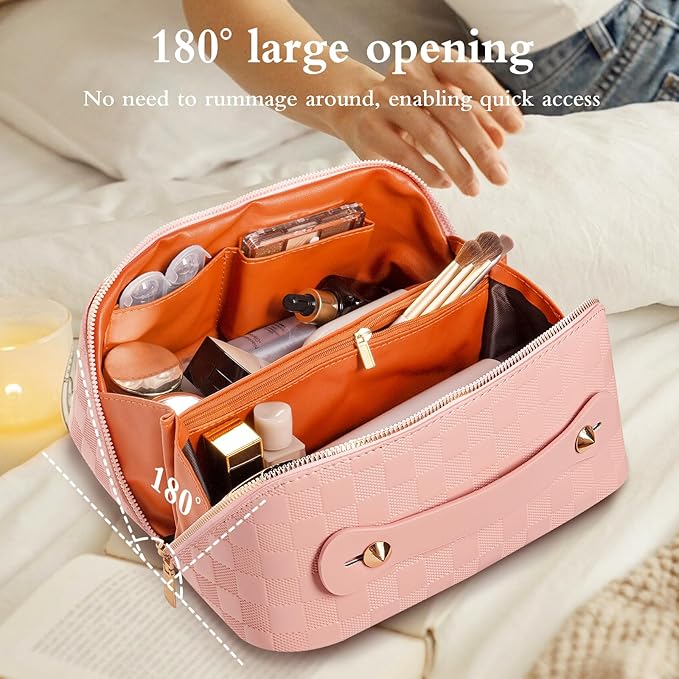 Abiudeng Travel Makeup Bag Large Capacity Toiletry Bag Cosmetic Bags for Travel Essentials,Waterproof Portable Pouch Open Flat Makeup bag Organizer with Divider and Handle(Checkered-Pink)
