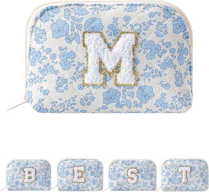 JOVAKIT Conch Alphabet Makeup Bag Cosmetic Bag for Women, Christmas Gifts for Women Girls, Blue Floral Coquette Travel Bag, Zipper Make Up Pouch Organizer Trendy Stuff (Blue Floral M)