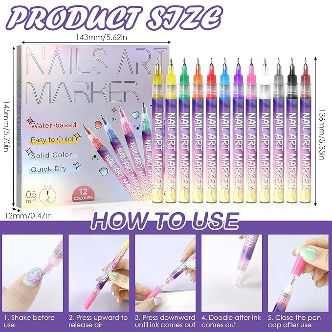 12 Color Nail Art Pens for Painting Nails, 2026 New Nail Art Markers for Gel Nails, DIY Nail Art Marker Drawing Painting Liner Pen for Home Salon Quickly Dry Nail Art (2 Pack)