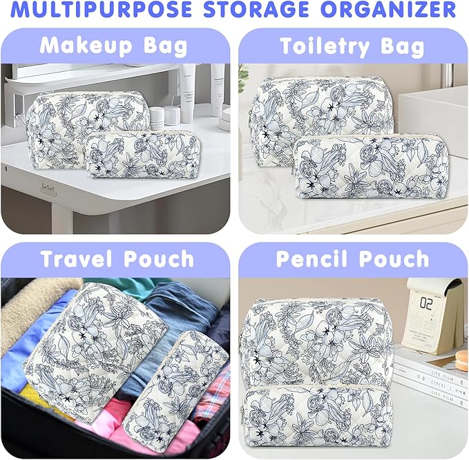2Pcs Floral Makeup Bag for Women Cotton Quilted Coquette Cosmetic Bag Cute Zipper Black Flower Makeup Pouch Aesthetic Portable Pencil Pouch Travel Toiletry Bag Trendy Cloth Skincare Bag