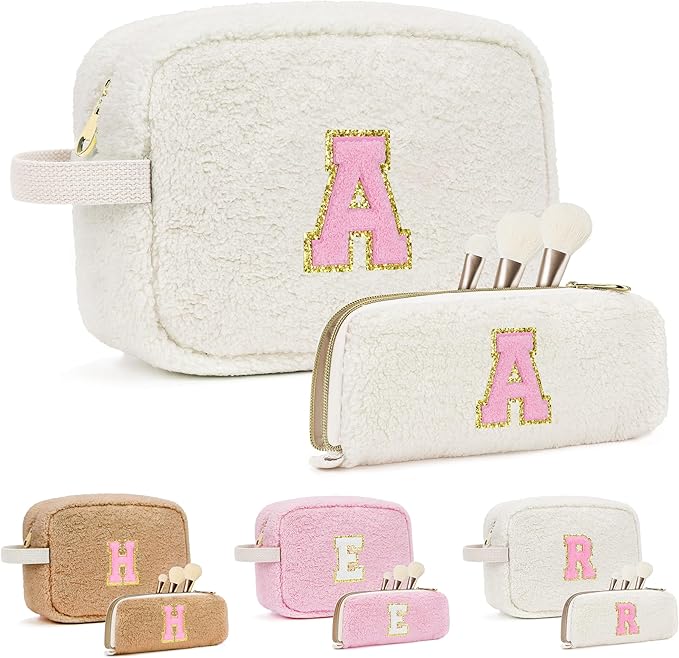 for Christmas Day Gifts, Travel Makeup Bag for Women, Initial Make Up Bag Set for 6 7 8 9 10 11 12 13 Years Old Kids Tween Girls, Large Cosmetic Skincare Bags for Birthday Gifts, White A