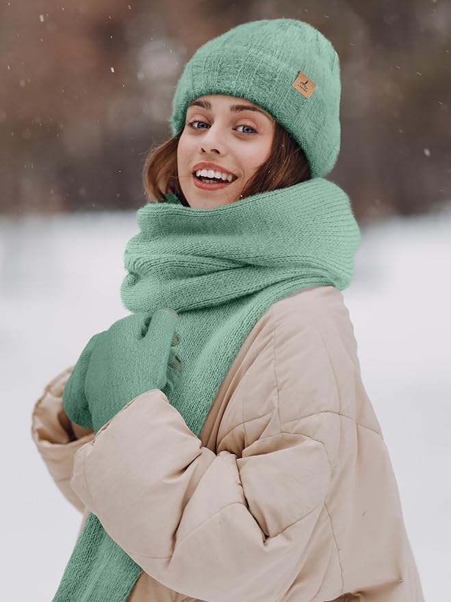 Winter Beanie Hat Scarf Gloves, Warm Fleece Knit Hat Long Scarf Neck Warmer Touch Screen Winter Gloves Set Gifts for Women