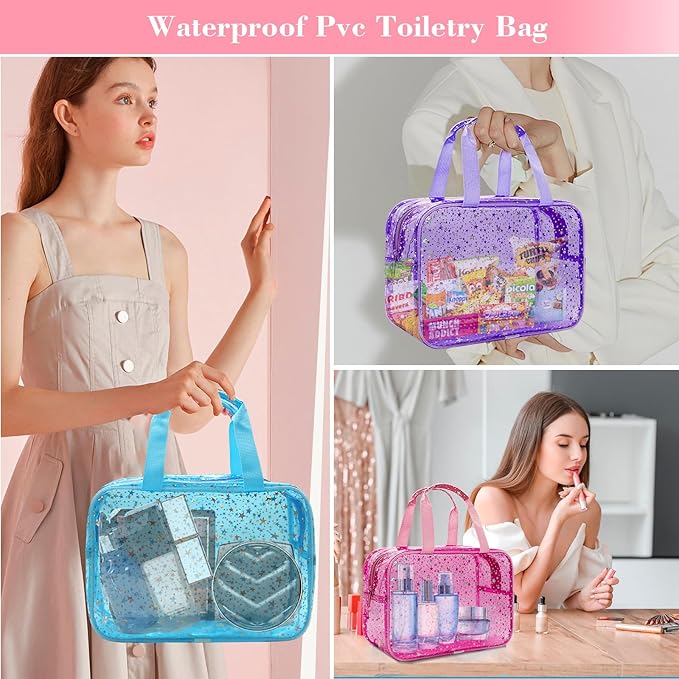 Clear Yellow Star Large Makeup Bag with Star Pattern 12x5x8 inch, Travel Cosmetic Bag with Handle, Durable PVC Material Washbag Zipper Opening Design for Makeup Travel Organizer or Gym Use