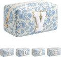 JOVAKIT Alphabet Makeup Bag Cosmetic Bag for Women, Christmas Gifts for Girls Age 6-18, Floral Flowers Coquette Travel Toiletry Zipper Make Up Pouch Organizer Trendy Stuff (Blue Floral V)