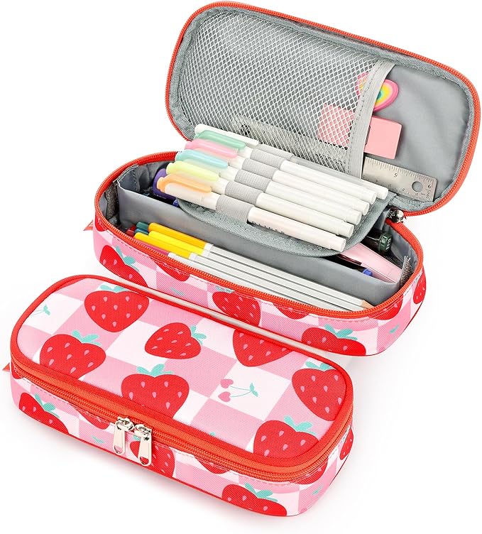 mibasies Girls Pencil Case for Kids, Multi-Slot Pencil Pouch, Strawberry Checkerboard Red